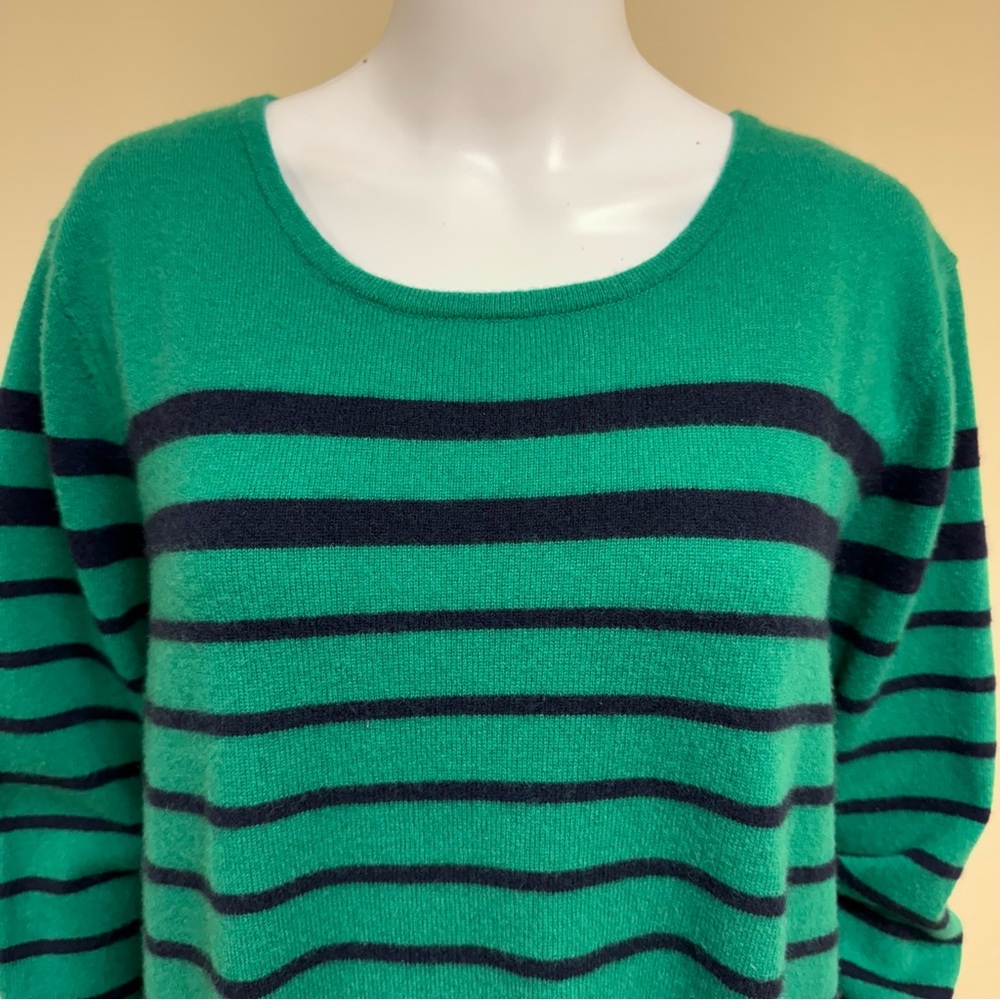 Talbots Pullover 100% Cashmere Sweater Plus 2X Navy Blue Green Striped Soft Slim - Picture 8 of 15